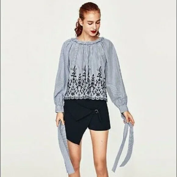 Zara Trafaluc Blue Striped Eyelet Embroidered Tie Sleeve Top Blouse Size M Boho - Picture 2 of 5